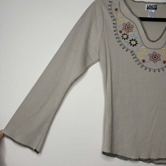 VTG 90s Y2K 70s Hippie Prairie Tan Floral Embroidered Bellsleeve Longsleeve Top - Picture 3 of 5